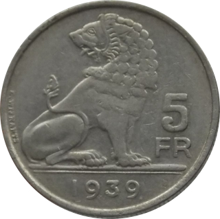 Belgicko 5 Francs 1939