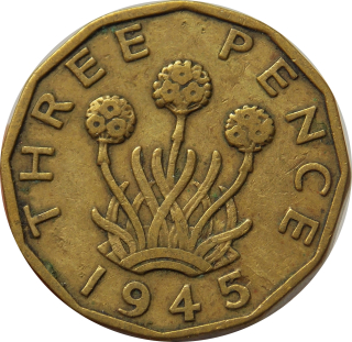 Anglicko 3 Pence 1945