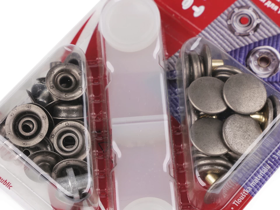 Gombíky stláčacie s krúžkom Ø15 mm na hrubé látky - 1 kar.
