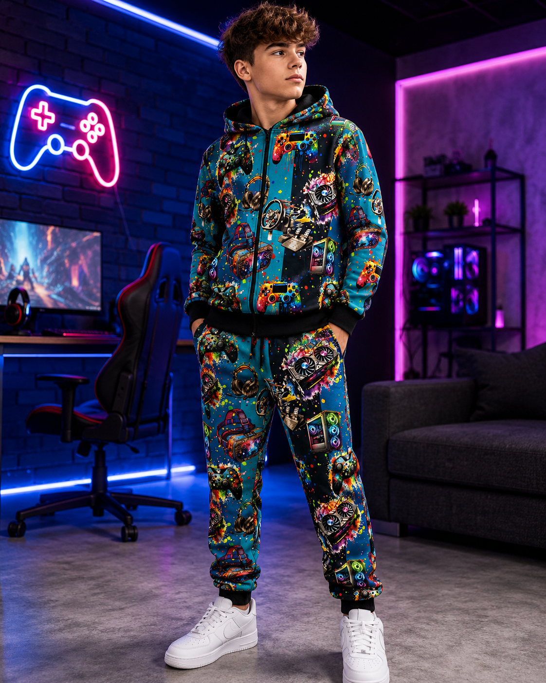 PLAYSTATION NA MODROM ÚPLETE- NEPOČESANÁ TEPLÁKOVINA