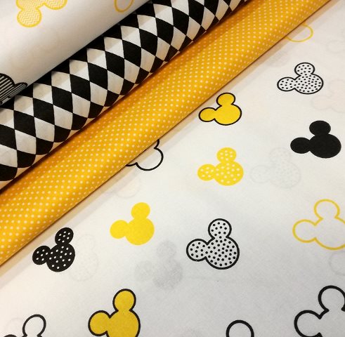 MICKEY MOUSE HLAVIČKY YELLOW NA BIELEJ BAVLNE