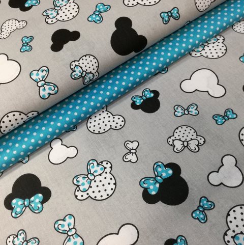 MICKEY MOUSE HLAVIČKY TYRKYS NA ŠEDEJ BAVLNE