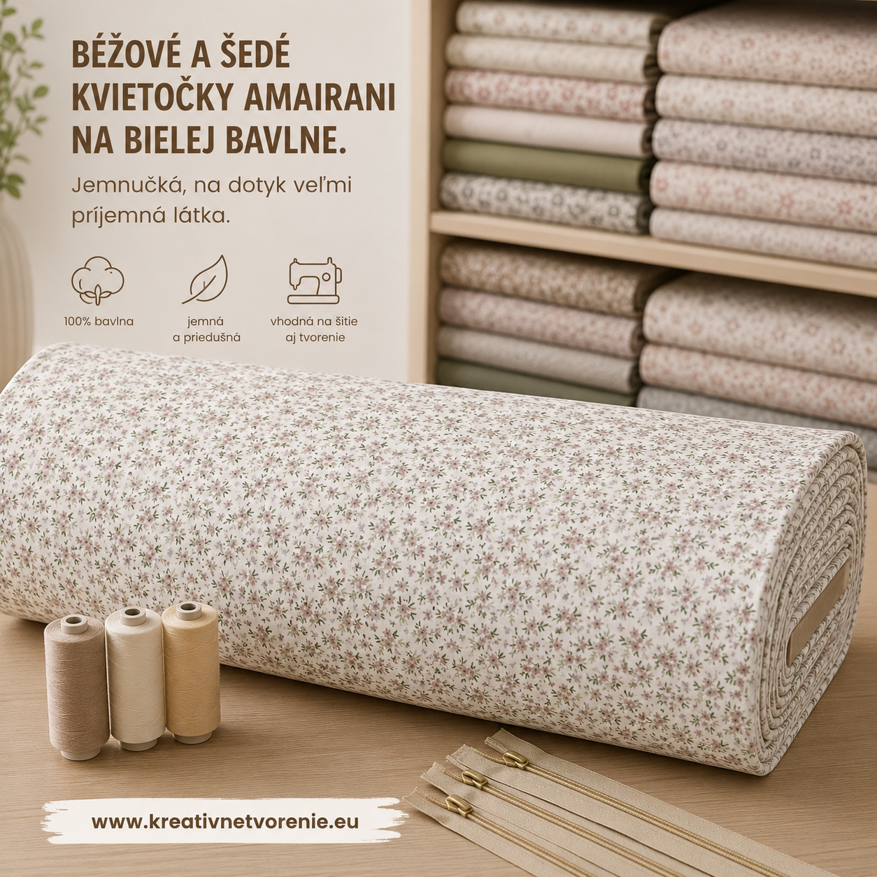 BÉŽOVÉ A ŠEDÉ KVIETOČKY AMAIRANI NA BIELEJ BAVLNE