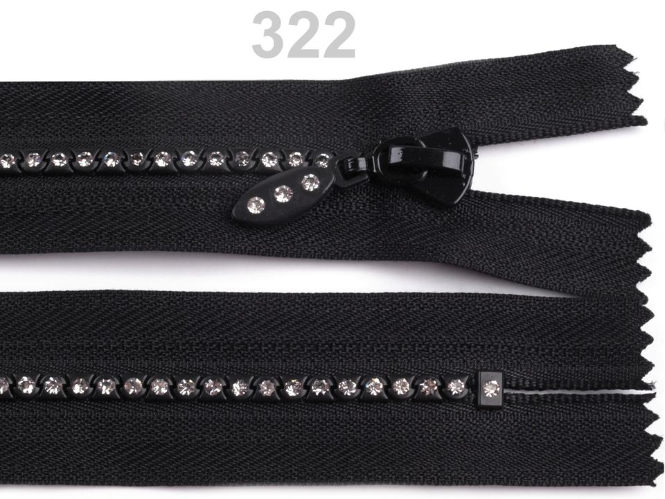 Kosticový zips dĺžka 16 cm šírka 4 mm so štrasovými kamienkami -1 ks