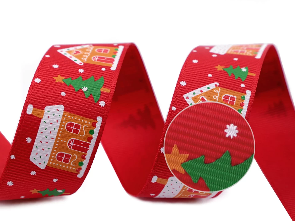 Vianočná rypsová stuha domčeky šírka 25 mm - 3 m