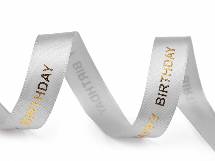 Saténová stuha s metalickou potlačou Happy Birthday šírka 16 mm - 3m