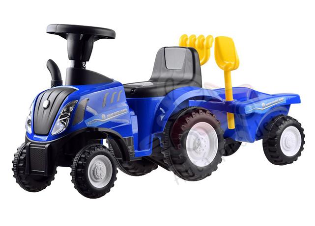 Odrážadlo Megacar Traktor s vlečkou New Holland + lopatka s hrabličkami, modrý
