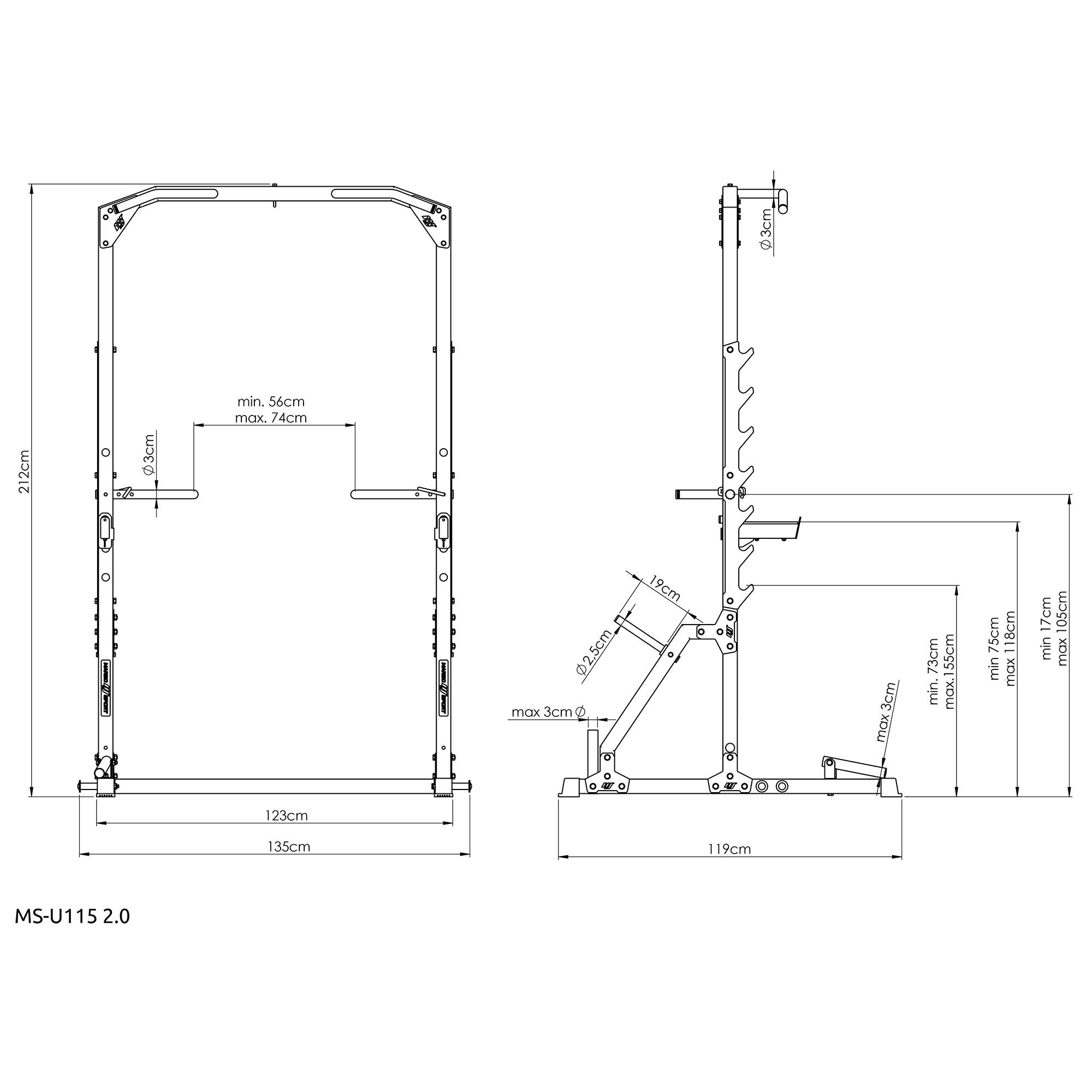 Technický nákres a rozmery posilňovacej klietky Half Rack Marbo Sport MS-U115 2.0