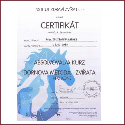 Certifikát - Dornova metoda pro kone Certifikát - Dornova metoda pro kone
