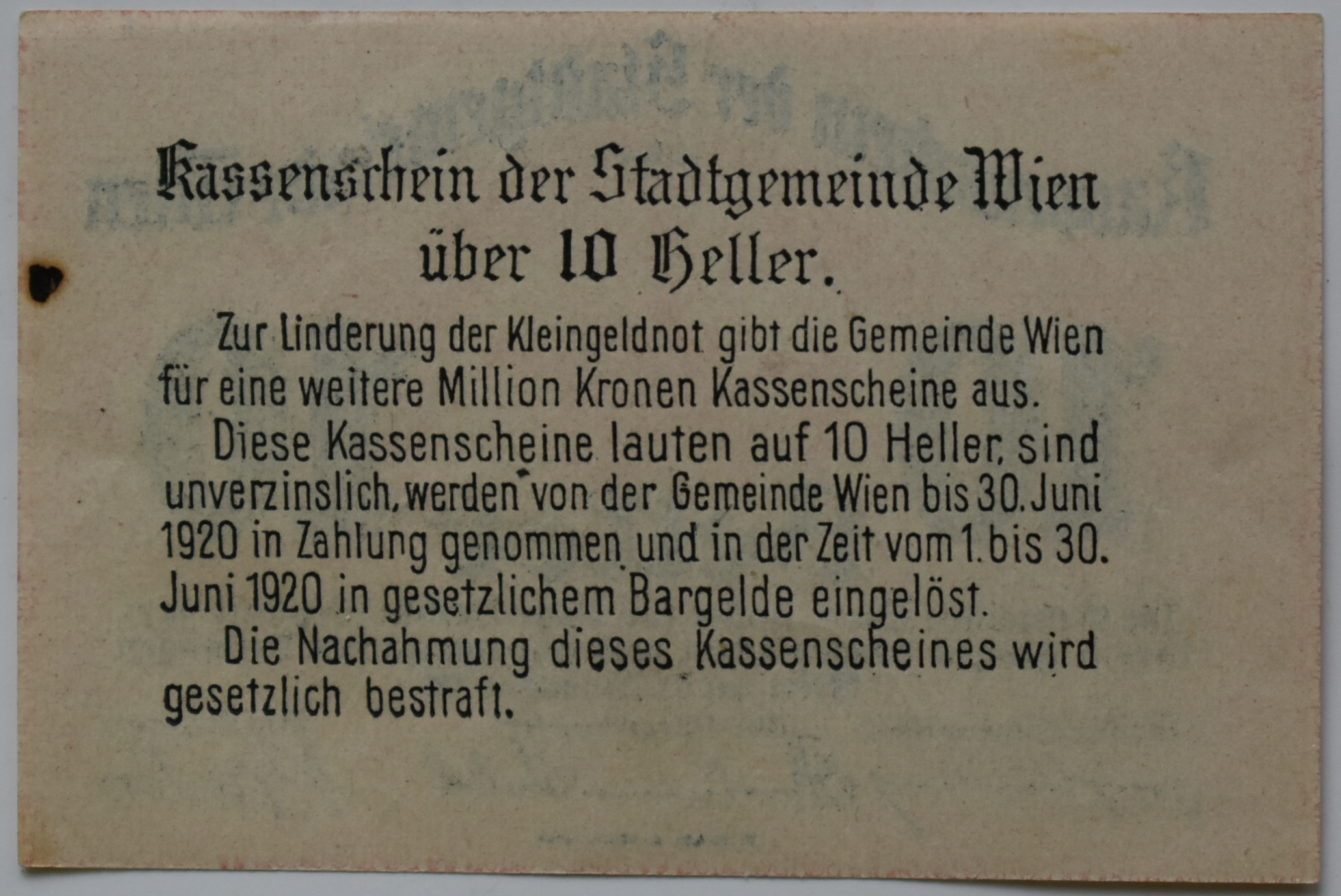 Rakúsko Kassenschein Wien 10 Heller 1919