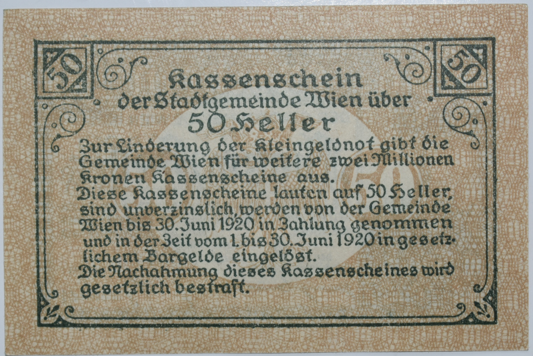 Rakúsko Kassenschein Wien 50 Heller 1919